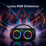 Altavoz Boom Box con luces RGB creando ambiente de fiesta